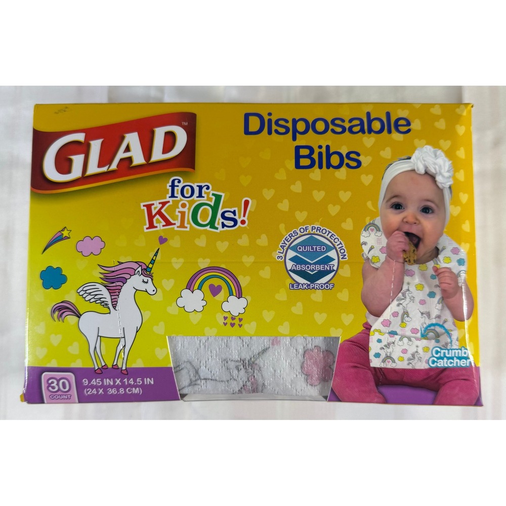 Glad for Kids Disposable Bibs Unicorn Rainbow 30 Count Crumb Catcher Leak-Proof